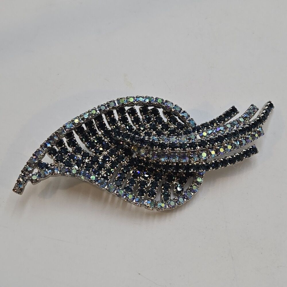Vintage HUGE Blue Rhinestone Encrusted Bling Leaf Brooch Prong Set Ab Bling